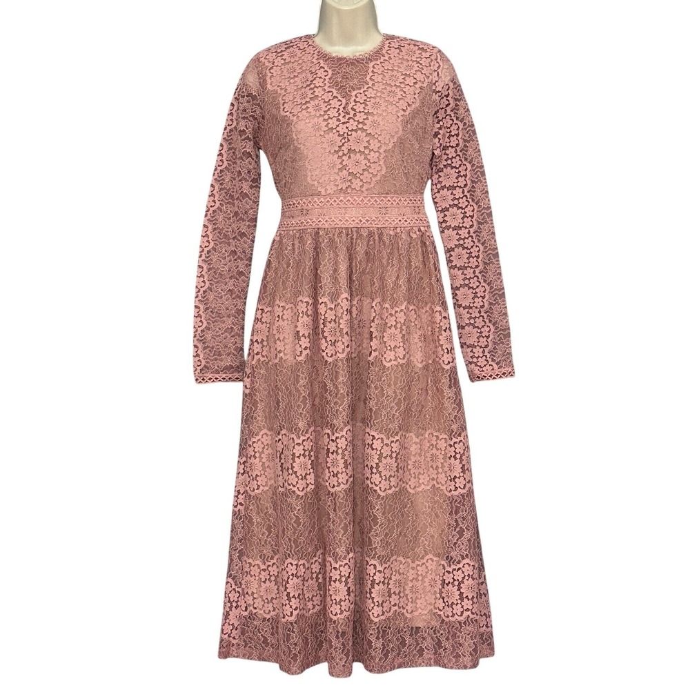 Roolee Women Dress XS Rose Pink Floral Lace Midi Feminine Modest Cottagecore